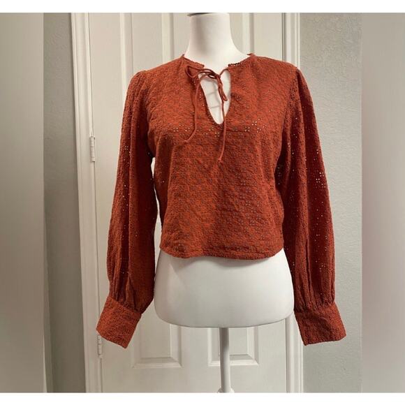 Topshop Tops - Topshop Eyelet Long Sleeve Blouse Rust Notch Neck Size 10 Office Casual Workwear